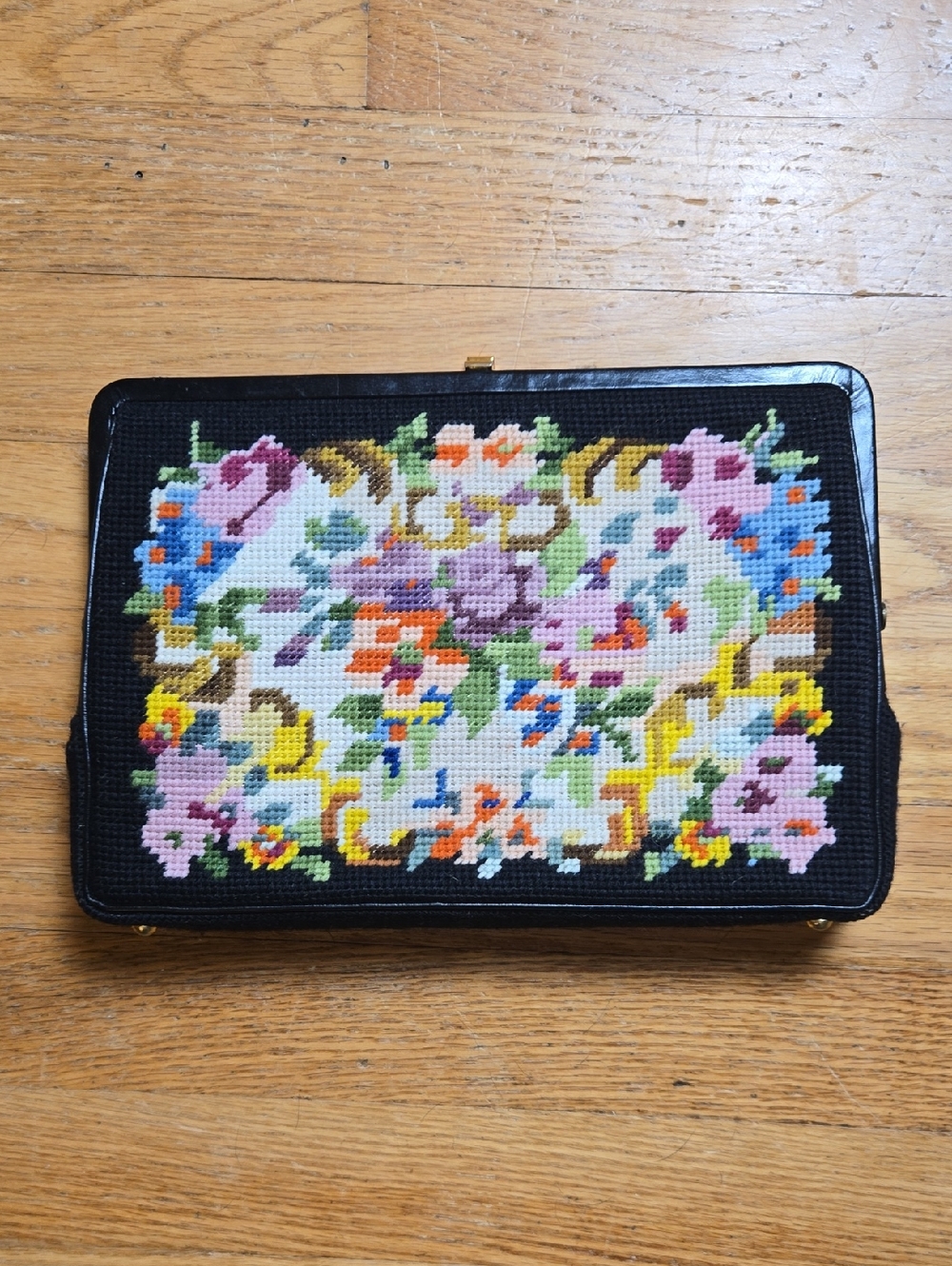 Vintage floral needlepoint embroidered clutch bag